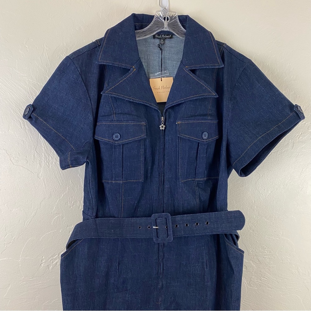 Unique Vintage Smak Parlour Size 2X Indigo Blue Full Flare Leg Denim Jumpsuit